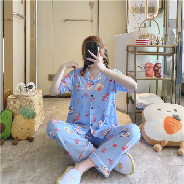 Pantalones de manga corta pijamas de las mujeres de verano estilo coreano ins cardigan leche traje de seda hogar ocio dibujos animados estudiante fuera image 16