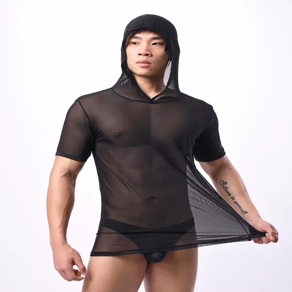 Men's Hooded Short-Sleeved Youth Mesh Breathable Sexy Short-Sleeved Round Neck Slim Fit T-Shirt B2504