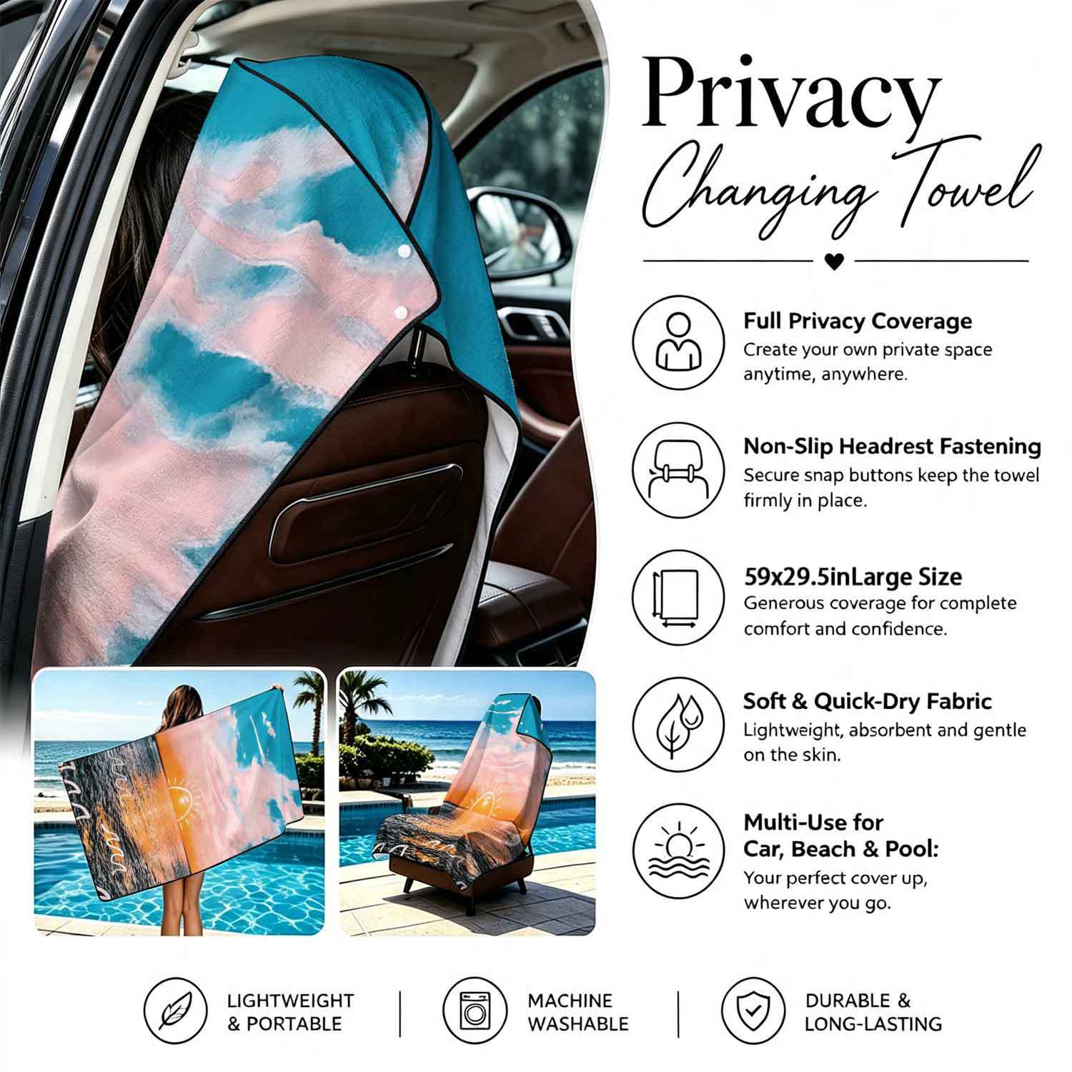 Printed bath towel and car seat cover 2-in-1, ultra-fine fiber outdoor beach and car dual-use universal seat cushion