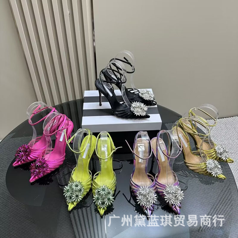 2023夏季真丝条带编织镂空水钻花朵包头中空后扣带欧美高跟凉鞋|undefined