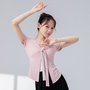 Classical Modern Dance Practice Clothes V Neck Short-Sleeved Bow Ribbon Yoga Pilates Slim Body Rhyme Dance Clothes