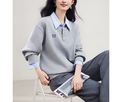 条纹拼接假两件上衣长袖新款2025学院衬衫领宽松休闲带领卫衣女