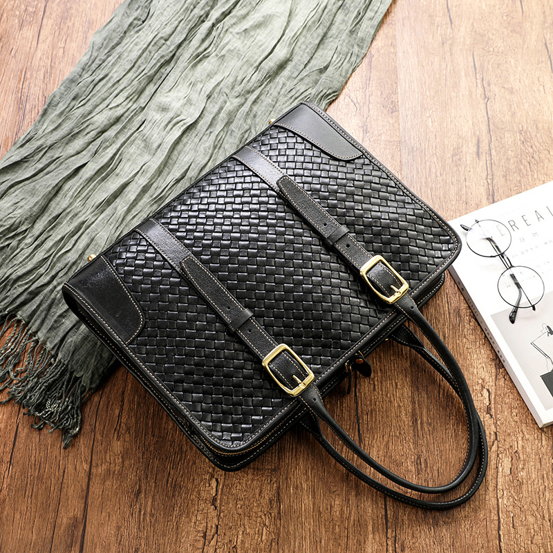 Zhuanshan Hand-Woven Women's Handbag Vegetable Tanned Top Grain Cowhide Leather Men's Office Briefcase Large Capacity Laptop Bag - Thumbnail 6