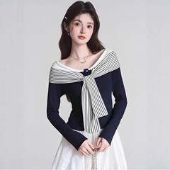 W2F人棉270克藏蓝色披肩打底衫女秋季学院风巨好看轻熟长袖上衣