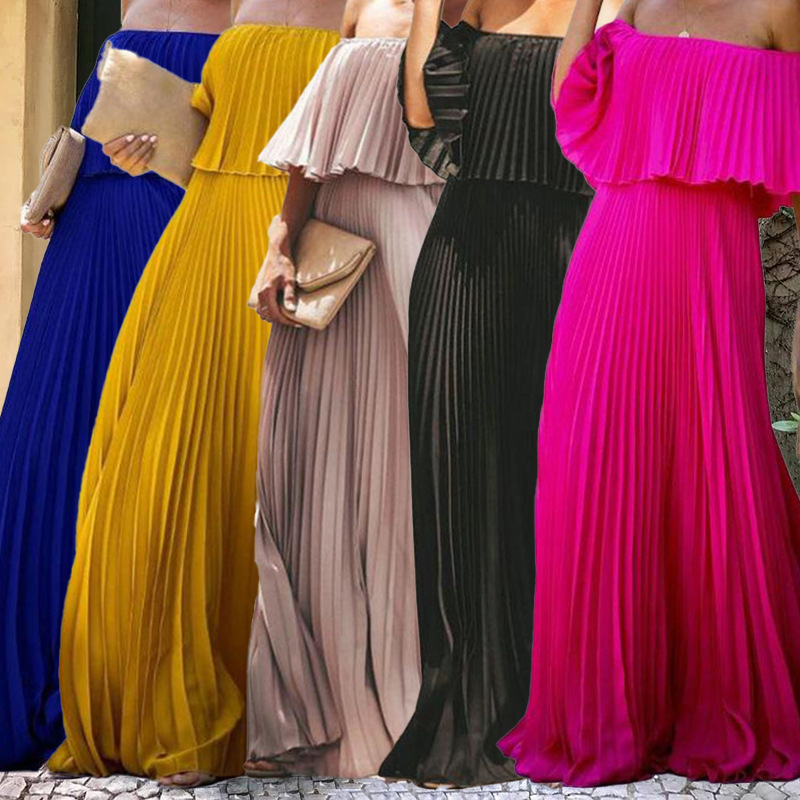 2023 summer new women's chiffon solid color long dress sexy off-the-shoulder wrap chest pressure folding temperament party dress