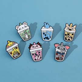 可爱卡通奶茶杯胸针创意小动物海豚小熊大象头像珍珠奶茶胸章配饰
