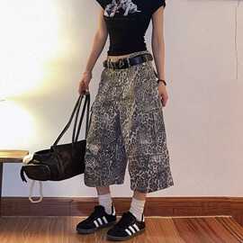 DoubleD美式复古豹纹工装七分裤男女宽松直筒口袋设计短裤休闲裤