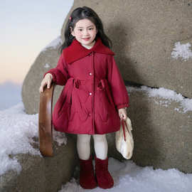 女童红色加绒加厚羽绒棉服拜年服冬季儿童收腰洋气圣诞棉袄外套