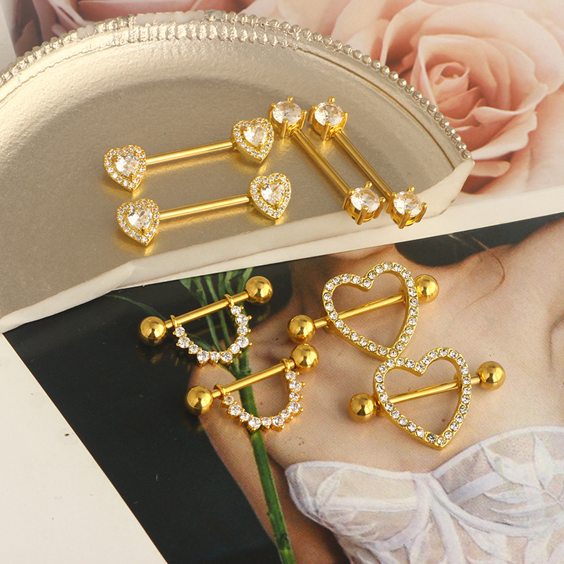 Rose Gold 4 Pairs Breast Ring Set Stainless Steel Zircon Diamond-embedded Nipple Jewelry Wholesale detail image 12