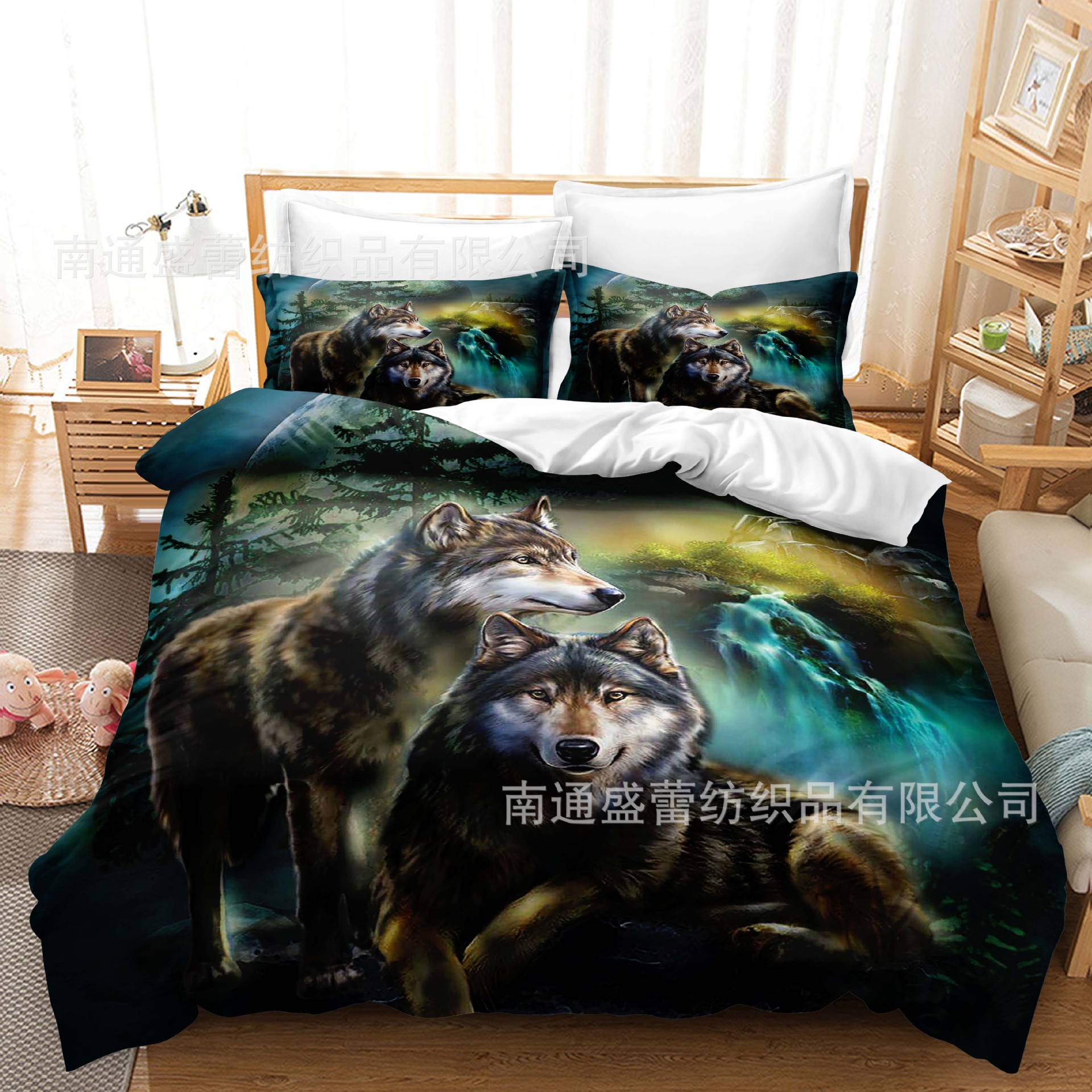 Serie de lobo 3D Impresión digital transfronteriza cubierta de edredón de comercio exterior conjunto de tres piezas conjunto de ropa de cama de cuatro piezas ventas directas de la fábrica