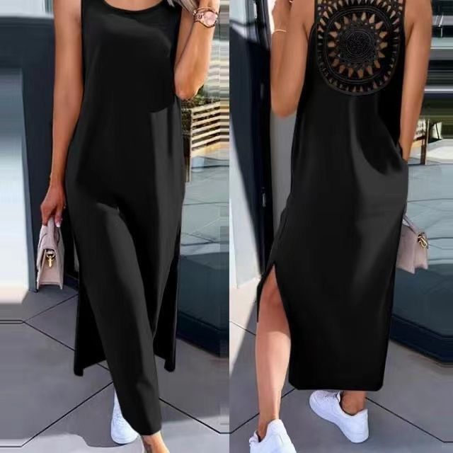 Women's Clothing Summer Solid Color Women's Dress Style Back Hollowed Out Lace Sleeveless Slit Design For Casual Occasions_ecoleips.com