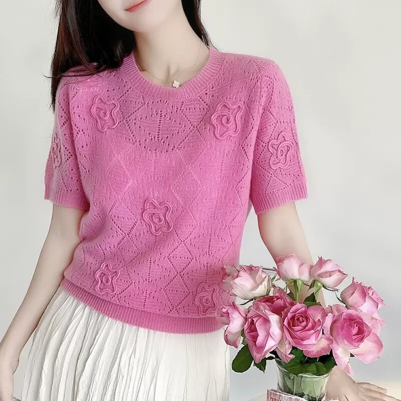 2026 High-End and Stylish Three-Dimensional Floral Hollow-Out Short-Sleeve Base Shirt, Thin and Sweet, Age-Reducing Round-Neck Knit Top for Women 2026 High-End and Stylish Three-Dimensional Floral Hollow-Out Short-Sleeve Base Shirt, Thin and Sweet, Age-Reducing Round-Neck Knit Top for Women