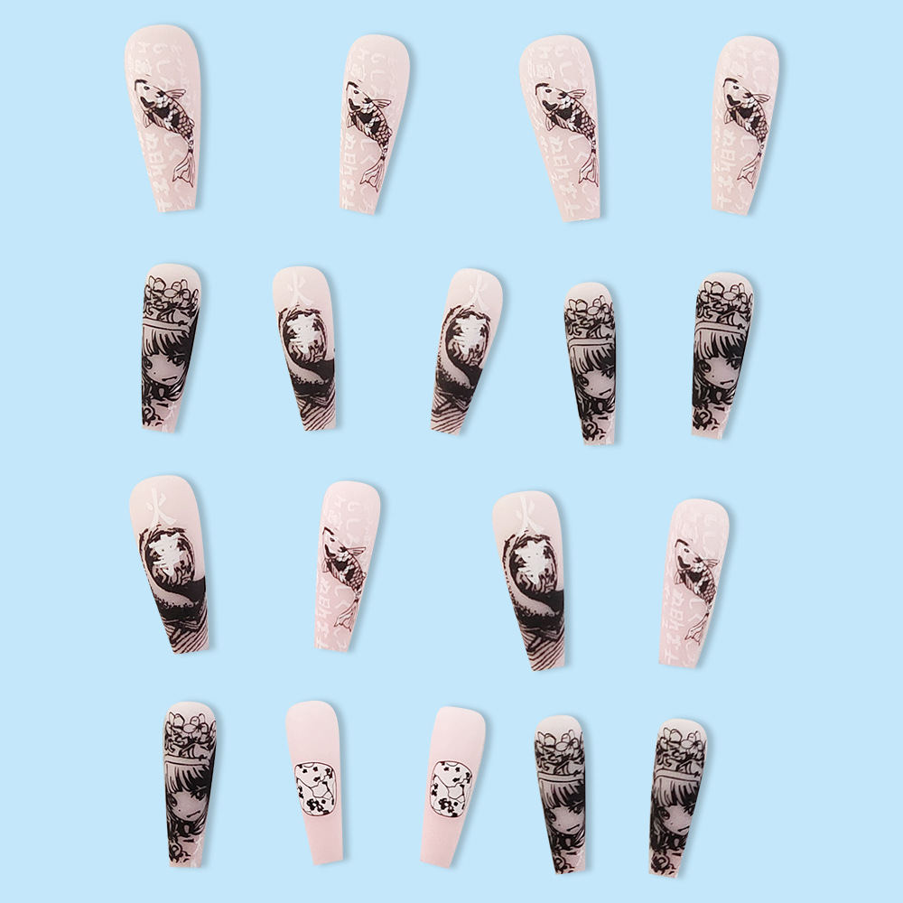 Europa y los Estados Unidos largo venta caliente desgaste de uñas ondas de graffiti koi girl nail patch transfronterizo explosión parche de uñas falsas