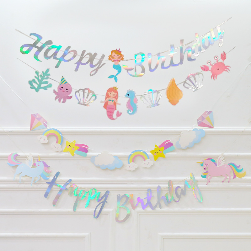 Amazon unicornio colorido letras tirar de la bandera lindo Pegasus nubes de papel Feliz cumpleaños para niños fondo decorativo