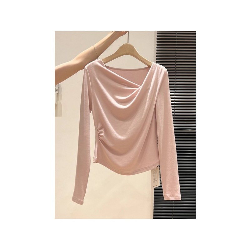 Pink Angled Off-Shoulder Swing Collar Long-Sleeve T-Shirt for Women 2025 Autumn Slim Fit Pure Desire Sweet Spicy Base Top