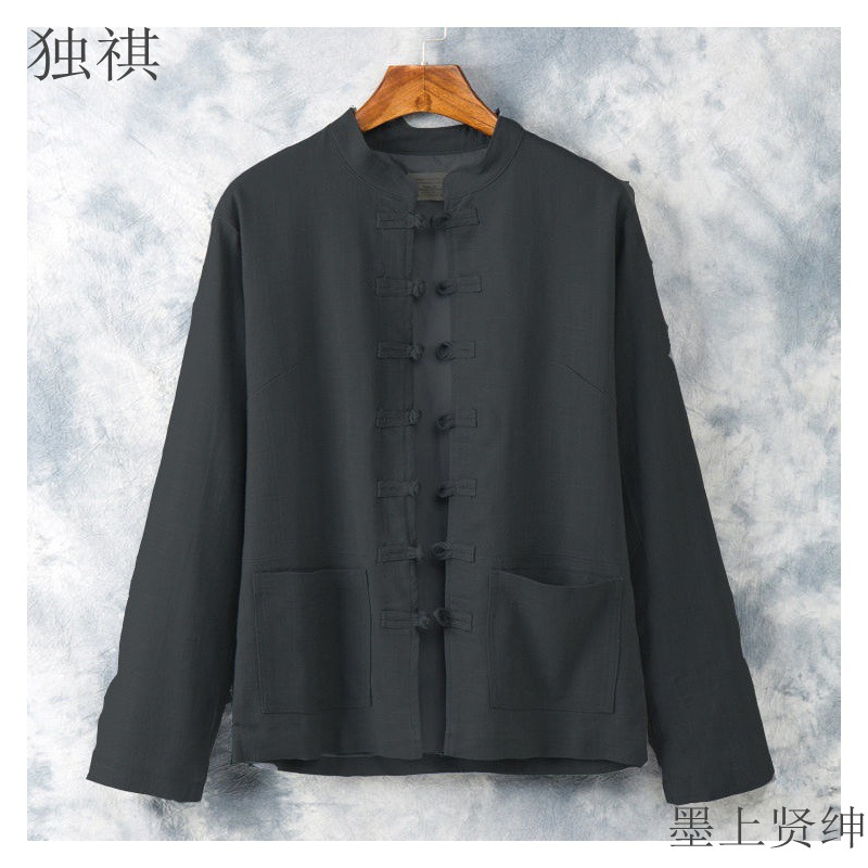 Men's Tang-style casual summer Chinese style men's clothing, thin and breathable plus size linen long-sleeved shirt for middle-aged and elderly men