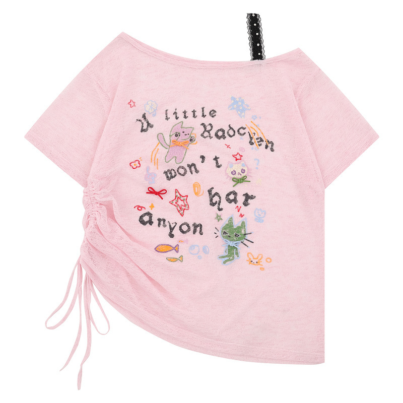 Men's Clothing Sweet and Spicy Style Graffiti Letter Cat Cat Slanted Shoulder Short-Sleeved T-Shirt Women's Summer Loose Slimming Look Off-Shoulder Top