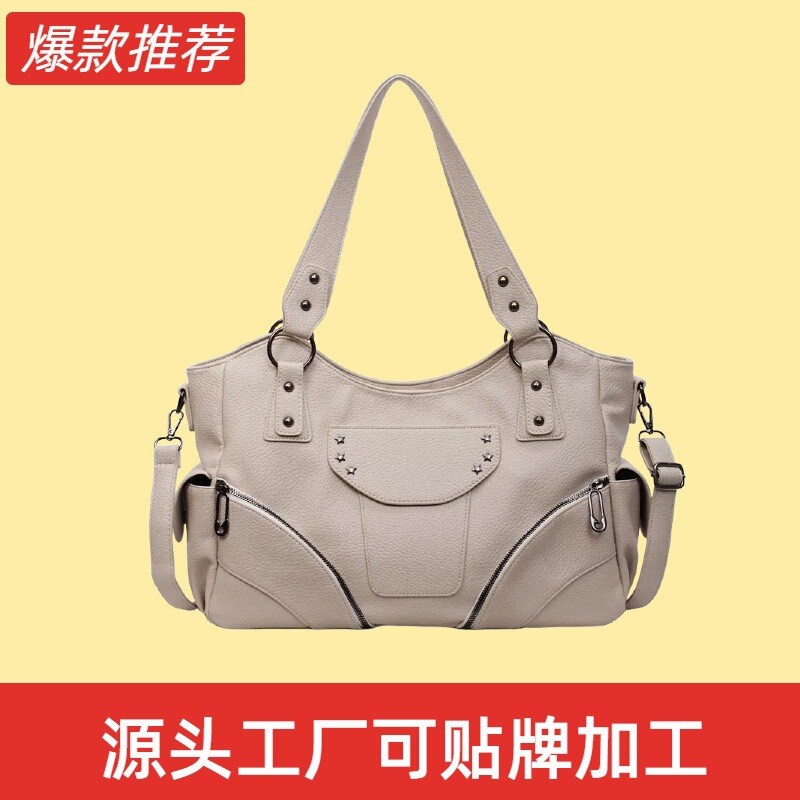 European and American Women's Bag Y2K Style Trendy Bag Large Capacity Motorcycle Bag Soft Leather Shoulder Bag European and American Women's Bag Y2K Style Trendy Bag Large Capacity Motorcycle Bag Soft Leather Shoulder Bag