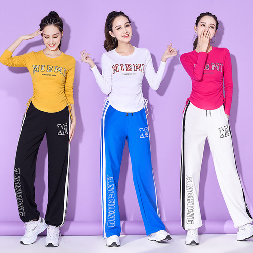 Square dance clothing spring and summer new long-sleeved drawstring tops wide-leg pants sports aerobics women's single piece