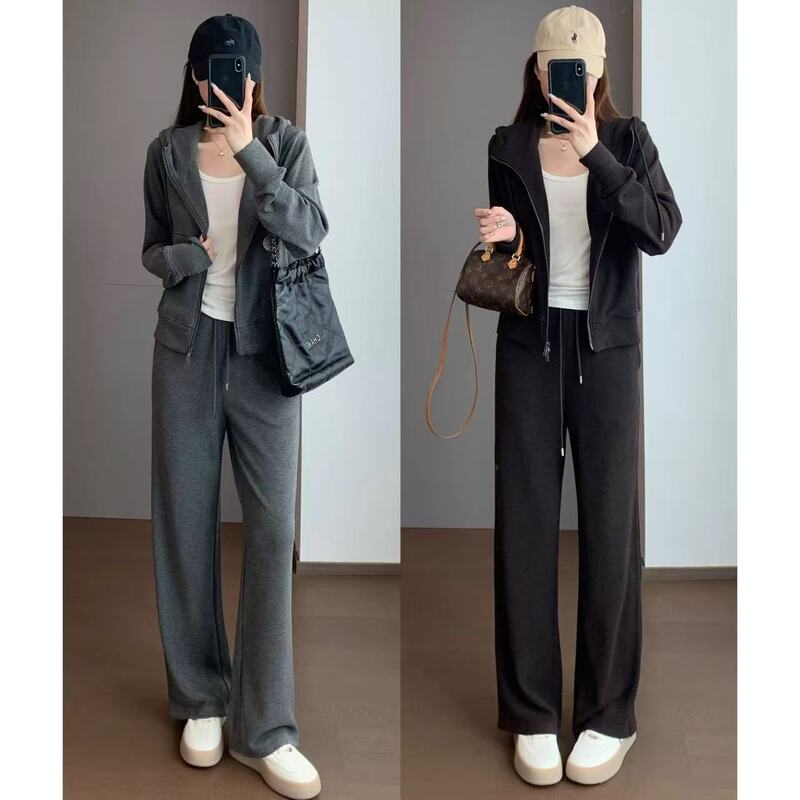 Slimming Meiyabi Cashmere Warm Soft Hooded Sweatshirt Wide-Leg Straight Pants Sports Set R0929T