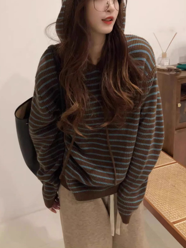条纹连帽毛衣外套女秋冬宽松慵懒针织卫衣设计感韩系小众短款上衣|undefined