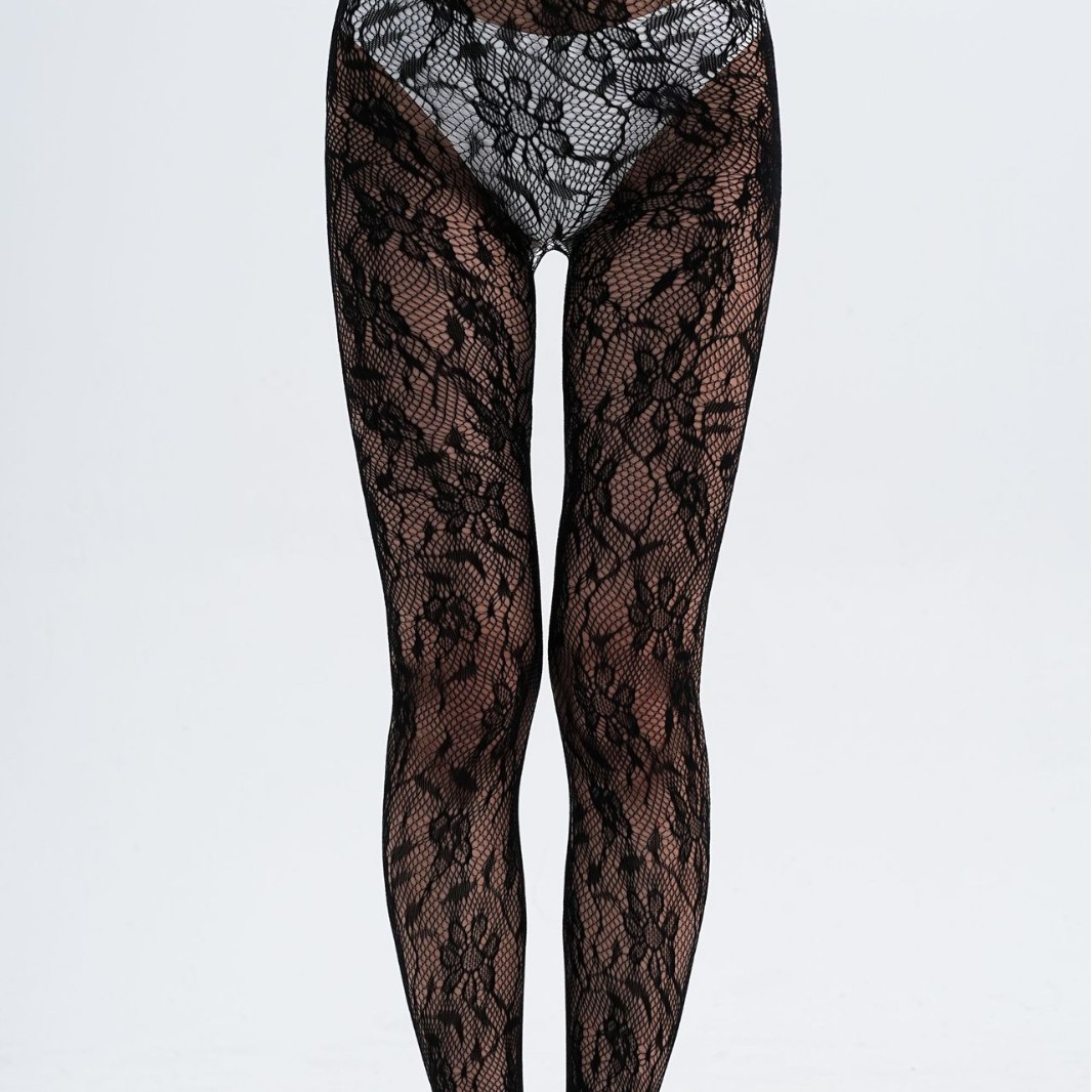 European and American Style Plus-Size Fishnet Tights, Fashionable Girls' Sexy Tattoo Lace Body Stockings, Jacquard Lace Hollow-Out Seven-Petal Design