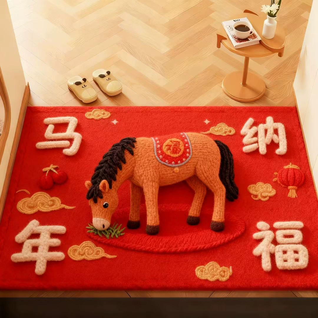 Новый год лошади, дверной коврик из кристальной бархатной ткани, прихожая/ванная, впитывающий плюшевый нескользящий коврик, свежий животный коврик для стола, спальня одеяло
