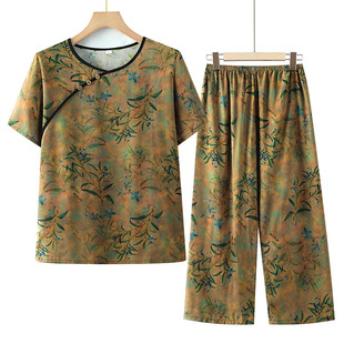 Grandma Dress Summer suit Middle-aged and Elderly Summer Dress Short-sleeved Women's Cotton Silk Two-piece Set 60-year-old Mother Dress Old Lady's Clothes