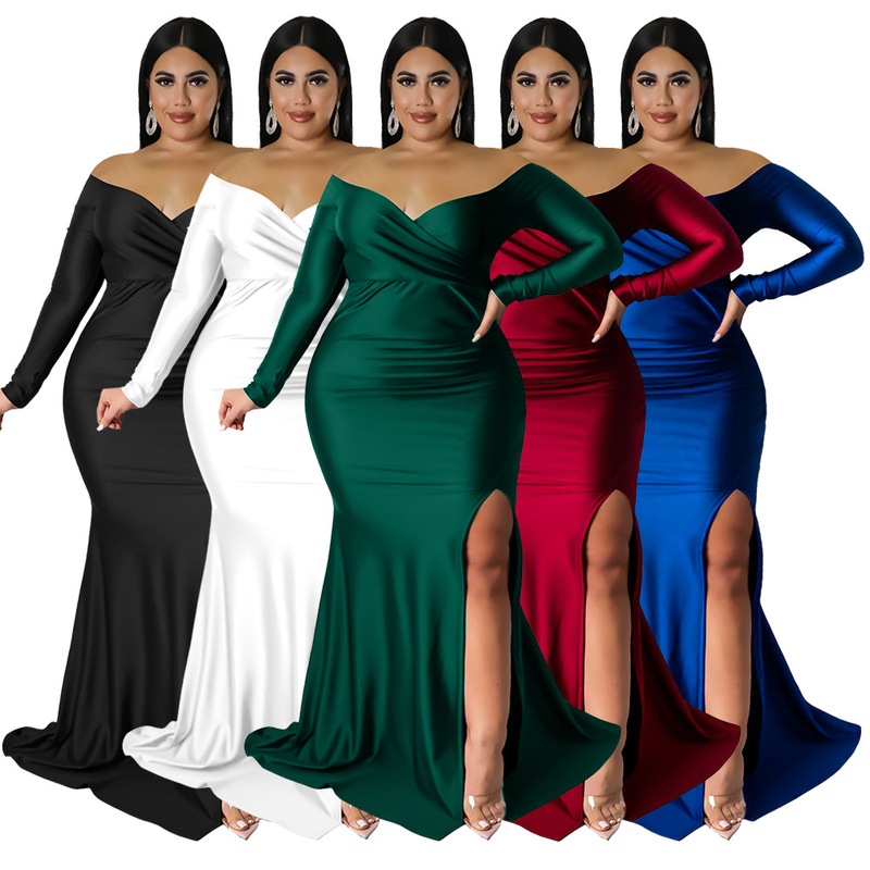 N7749 Cross-border European and American plus size Women's Sexy dress Nightclub V-neck Dress Solid Color Split Dress Autumn and Winter Women