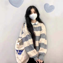 日系简约条纹奶呼呼毛衣女秋冬奶系外穿宽松慵懒风软糯针织衫上衣