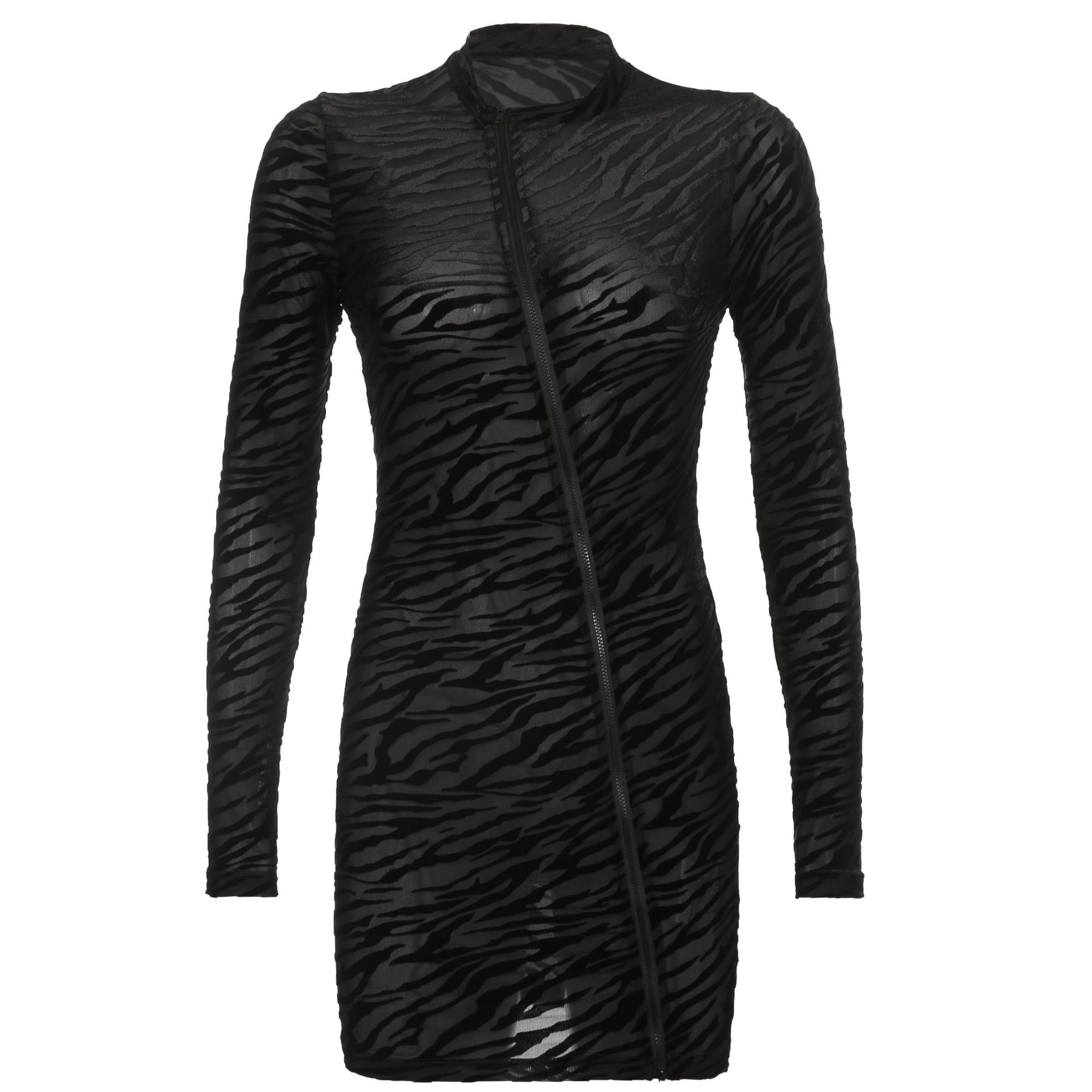 Flocking see-through Zipper Print Slim Round Neck Long Sleeve Dress NSKAJ126740