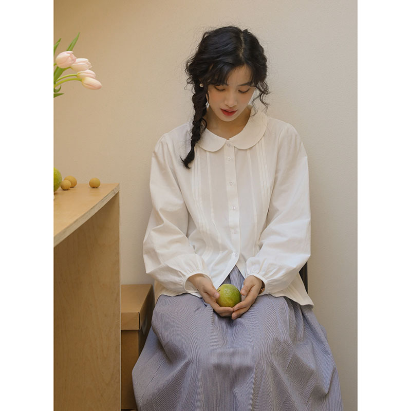 2025秋季新款文艺日系简约娃娃领抽褶白衬衫上衣女灯笼袖叠穿衬衣|undefined