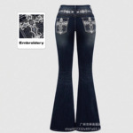 跨境TEMU热门爆款 女士高腰刺绣牛仔裤 十字刺绣烫钻微喇牛仔长裤