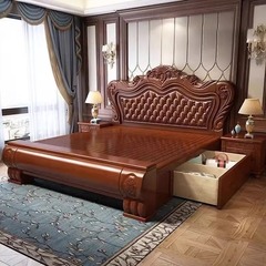 ヨーロッパ式実木ツインベッド1.5m1.8メートルの高さの箱の貯蔵物の彫刻アメリカ式家具シンプルで現代的な木製家具