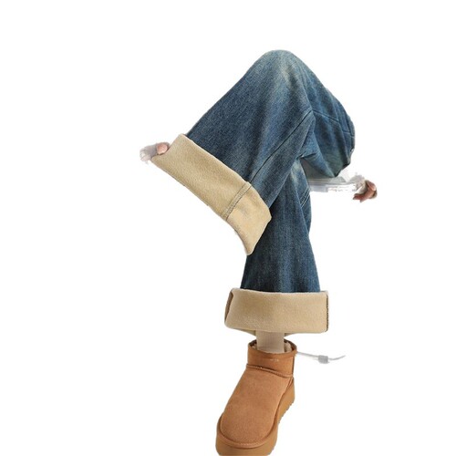 2025 New Fleece-lined and Thick Denim Jeans for Autumn/Winter, Loose Fit, Warm, Wide-leg, High-waisted, American Retro, Floor-length, Trendy Brand