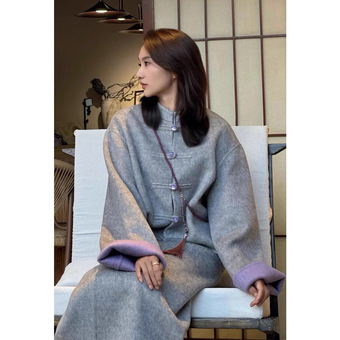 四媛绵羊毛新中式盘扣立领双面呢外套+优雅直筒开叉半裙9453+9476