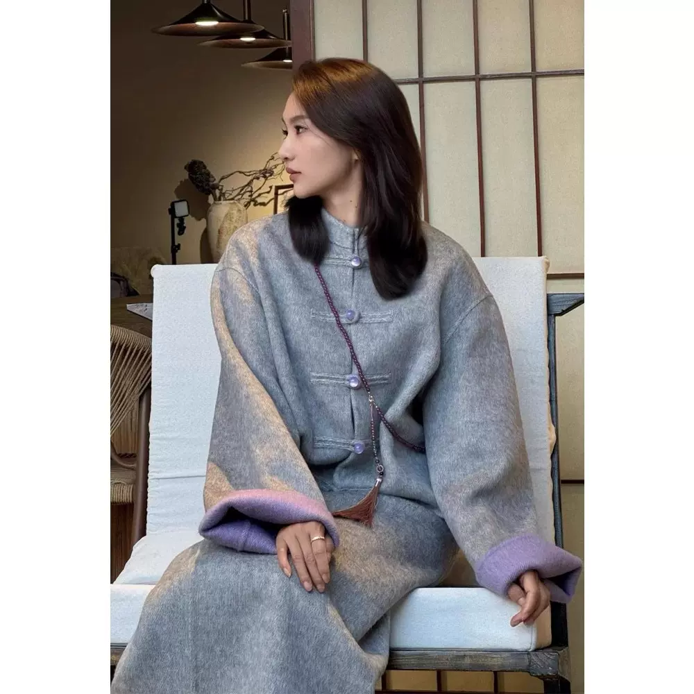 四媛绵羊毛新中式盘扣立领双面呢外套+优雅直筒开叉半裙9453+9476