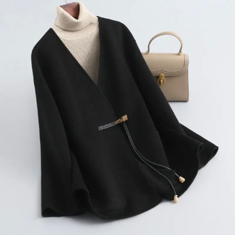 New Chinese Style Black Double-Sided Woolen Outwear for Women, High-Quality Horn-Button Woolen Outwear, 2025 Autumn and Winter New Top