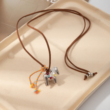 波西米亚风长款挂脖项链银色小马彩色锆石吊坠可调节抽拉式配饰女