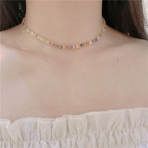 European and American personalized colorful zircon short neck chain, pullable and adjustable bracelet, fashionable temperament clavicle chain necklace for women