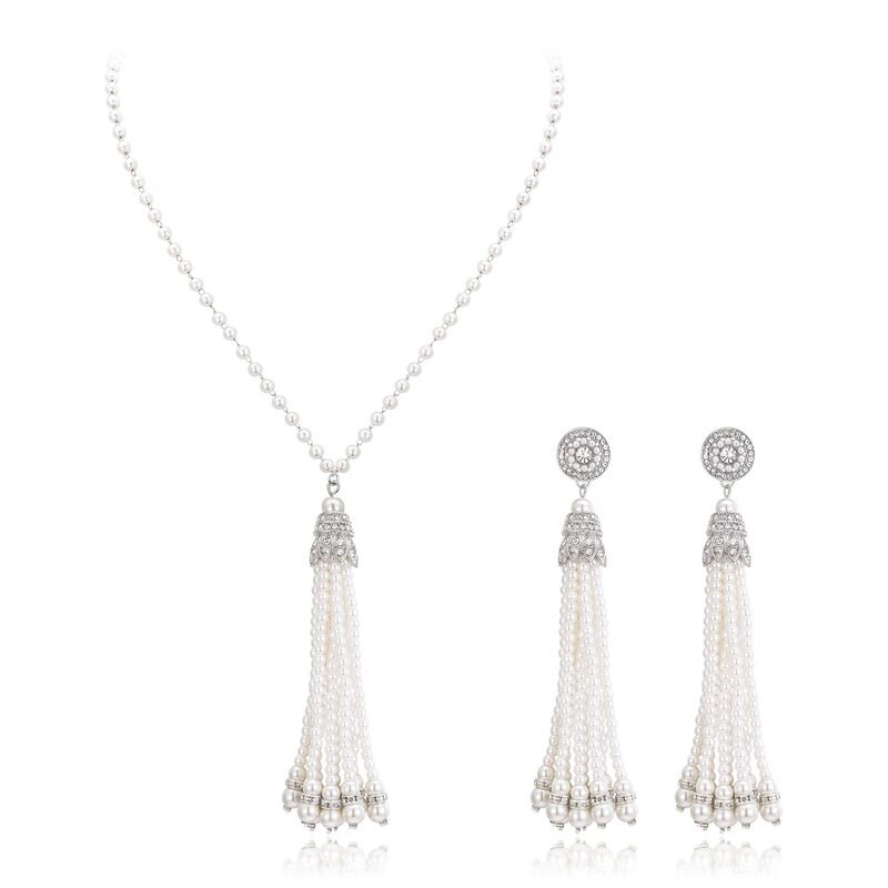 1920S Gatsby Party Accessories Imitation Crystal Pearl Retro Style Imitation Pearl Necklace Earrings Set