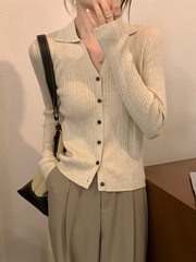杏色螺纹针织开衫女秋季polo领上衣轻熟风纯欲V领翻领长袖打底衫