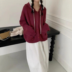 秋季新款蕾丝连帽开衫慵懒拉链毛衣外套宽松口袋四色卫衣时尚女装