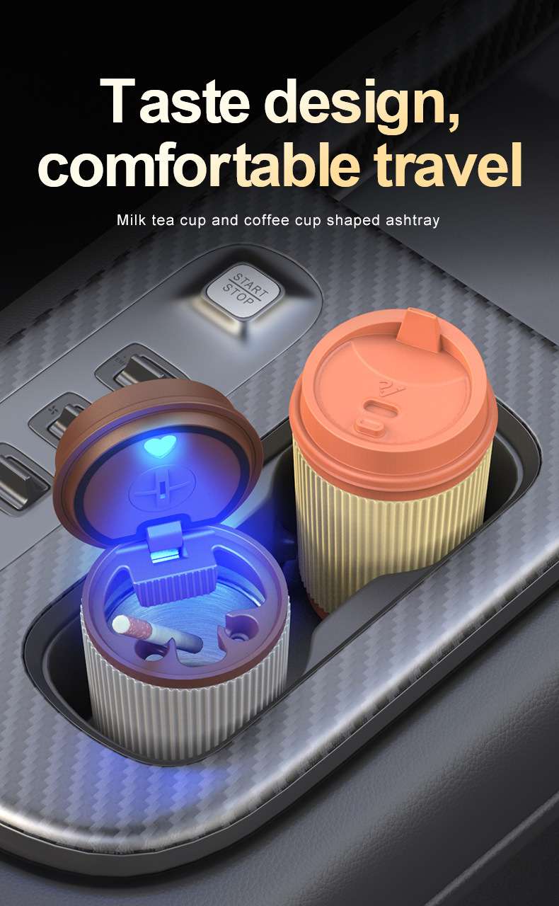Car Ashtray with Light, One-Click Opening Lid, Luminous Alloy Liner Ashtray, Coffee Cup Beverage Led