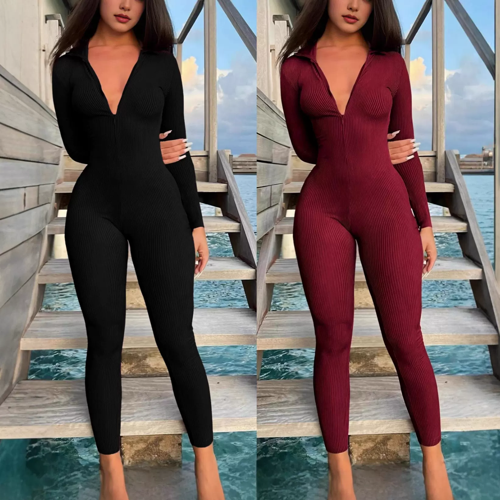 新款连体裤女装修身包臀连体衣欧美跨境休闲坑条拉链运动连体裤女