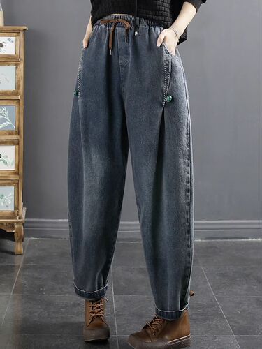 Spring slimming elastic waist washed blue disc buckle loose dad Harlan jeans pants casual jeans for women