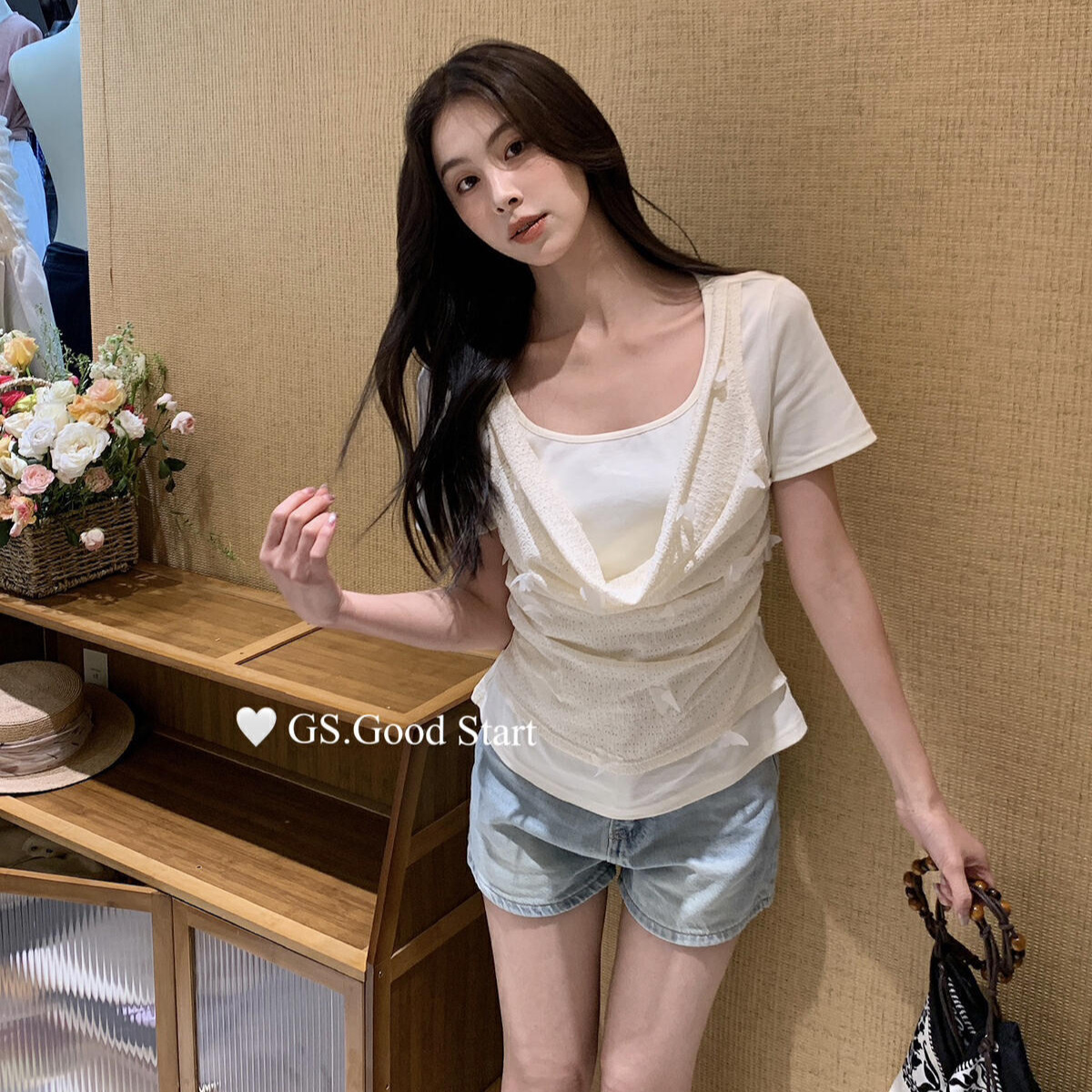 GS.GOOD START estilo de vacaciones puro deseo mariposa cuentas falsas dos piezas de camisa pequeña de manga corta camiseta G1715V