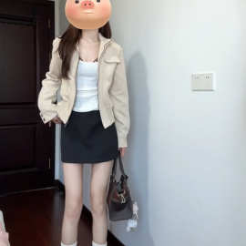 女卡其色复古机车短款2025秋季夹克上衣新款休闲百搭美式麂皮外套