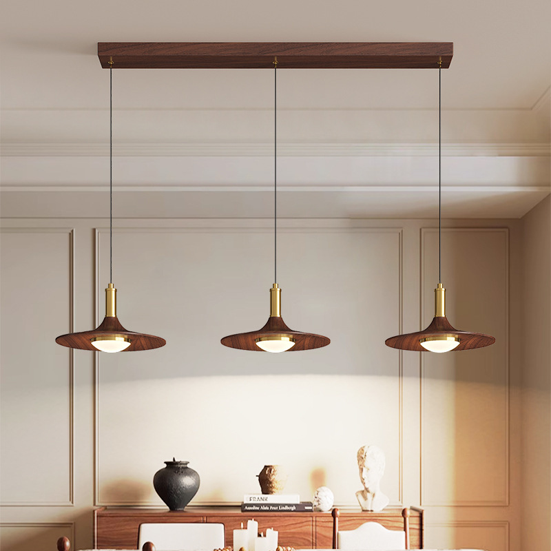 Medieval Style Restaurant Chandelier Japanese Style Wabi-Sabi Walnut Color Tea Room Dining Table Retro Flying Saucer Three-Head Chandelier Full Spectrum