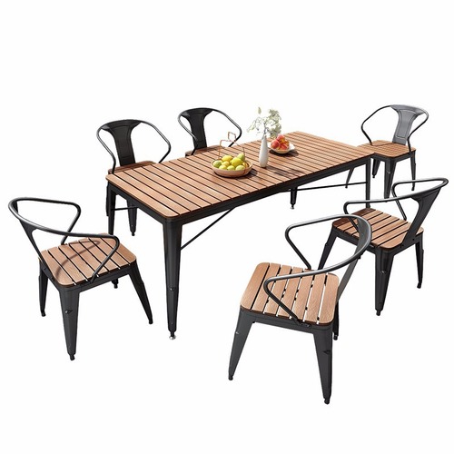 Iron Outdoor Table and Chair Courtyard Barbecue Table Waterproof Sunscreen Balcony Casual Dining Table and Chair Plastic Wood Outdoor Table and Chair Combination 